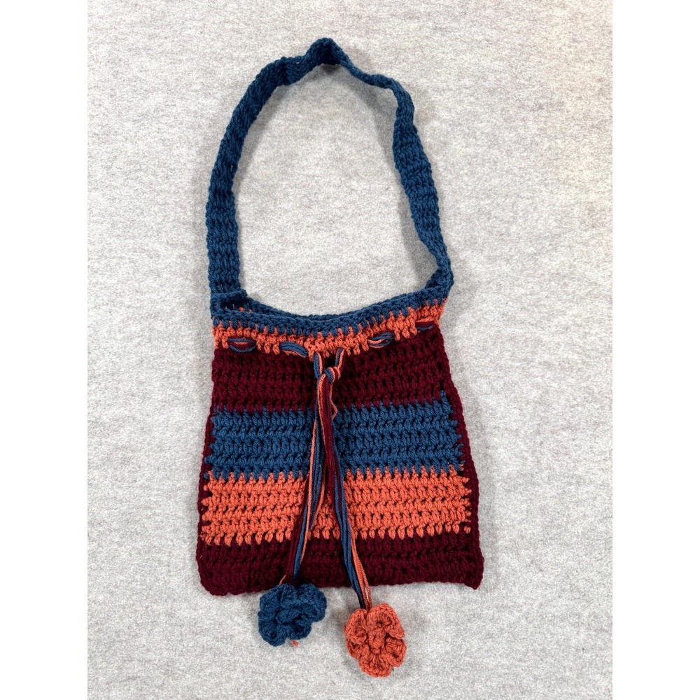 Handmade Crochet Knit Shoulder Bag Multicolor Striped Drawstring Tassel Boho